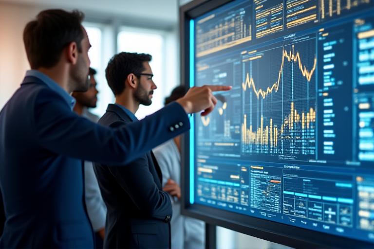 Une équipe de professionnels travaillant ensemble avec des graphiques financiers projetés sur un écran, symbolisant la vision et la croissance